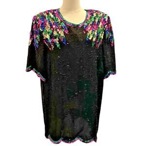 Jewel Queen Sequin Vtg Bead 100% Silk Blouse Black Padded Shoulders Wedding Chic